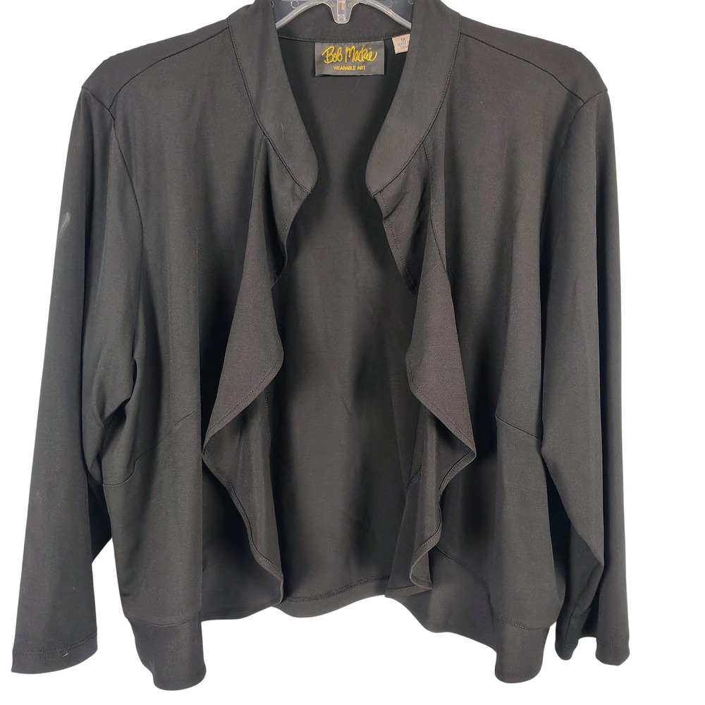 Bob Mackie Womens 1X Open Front Waterfall Cardigan Black Stretch Minimalist Chic